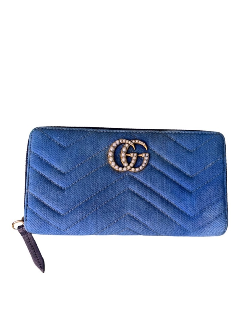 Authentic GUCCI GG Marmont Denim Pearl Long Zip Wallet